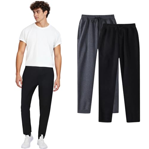 2 Pack Men's Jogging Sweatpants Thin Fleece Casual Trouser Straight Leg Activewear Lounge Pants Gym Sports Mens Sweatpants Soft Baggy Solid Tracksuits Bottoms Classic Plain Trousers