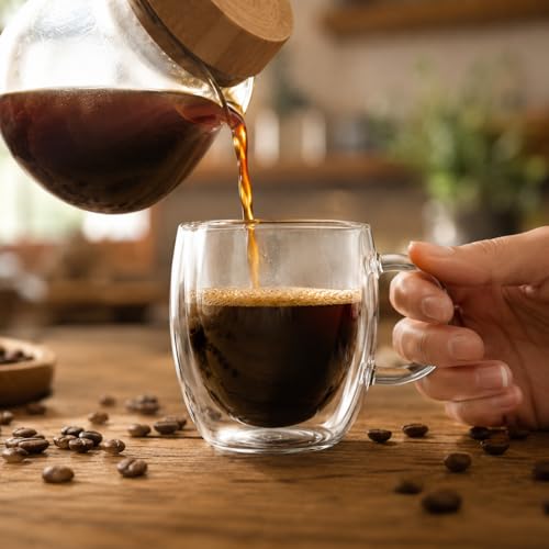 Conjunto com 6 Xícaras de 110ml em Vidro Borossilicato de Parede Dupla com Alça para Café Espresso Chá Cappuccino e Bebidas Quentes (KIT COM 6 PEÇAS)