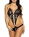ADOME Women Lingerie Deep V Halter Lace Babydoll Mini Bodysuit, Style1-black, Large