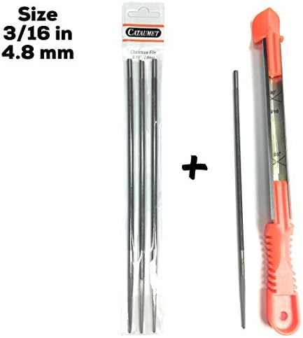 Chainsaw Sharpener Files –3/16 Inch - 4 Carbon Steel Chain Files + 1 Non-Slip File Handle Guide