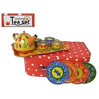 ALLKINDATHINGS Toy Metal Tin Tea Set Pretends to Play Polka Dot Carry Case Kids Tea Parties