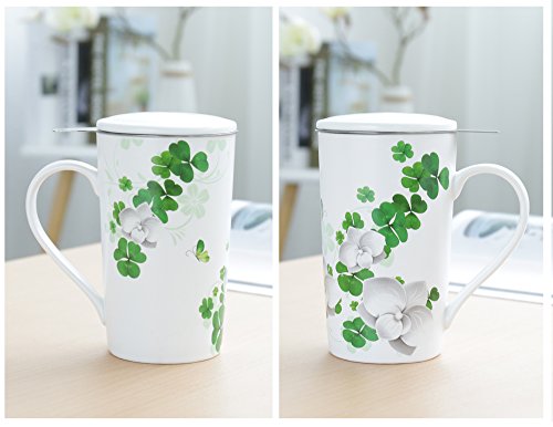 TEANAGOO M58-4 Tea Mug with Infuser and Lid, 18 OZ, Lucky Clover, Travel Teaware with Filter, Tea Cup Steeper Maker, Brewing Strainer for Loose Leaf Tea,Diffuser mug set for Tea Lover Gift