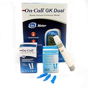 On Call GK Meter 25 Ketone Test Strips Lancer+Lancets Bundle Starter Pack displays in mmol/L