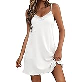 Marvmys Women Cotton Nightgown Sexy Lace Sleepwear Sleeveless Chemise Soft Lingerie for Women with Pockets S-3XL