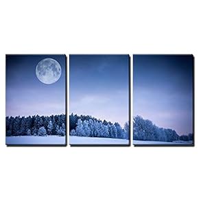 3 Piece Canvas Wall Art - Winter Landscape. Field Covered with Snow. Frozen Forest and Full Moon. - Modern Home Art Stretched and Framed Ready to Hang - 16"x24"x3 Panels