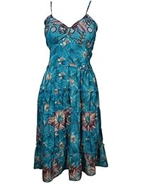 Evelyn Womens Sundress Vintage Recycled Sari Printed Spaghetti Strap Resort Summer Dresses S/M