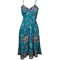 Mogul Interior Evelyn Womens Sundress Vintage Recycled Sari Printed Spaghetti Strap Resort Summer Dresses S/M