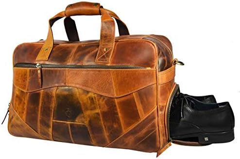 Leather Duffle Bags for Men - Weekender Bag with 2 Shoe Compartment Underseat Carry On Travel Luggage By Aaron Leather Goods (Caramel)