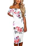 Sidefeel Women Floral Print Off Shoulder Bodycon Midi Dress Medium White