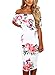 Sidefeel Women Floral Print Off Shoulder Bodycon Midi Dress Medium White