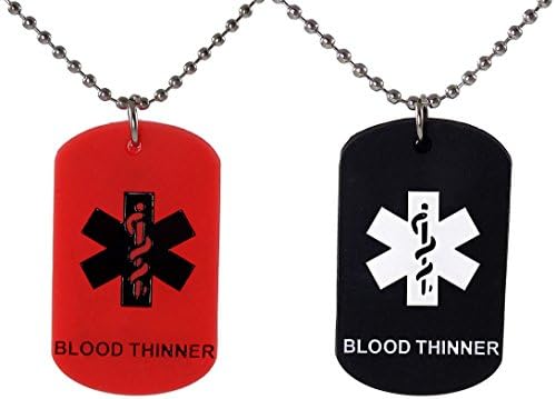 2 Pack - BLOOD THINNER Dog Tags Medical Alert Necklaces Red and Black Silicone