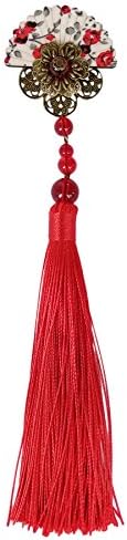 FANTAC CRAFTS Handmade Fan Shaped Hair Clip Long Tassel Kimono Hair Barrette Cosplay Antique Bronze Hair Accessories (Red)