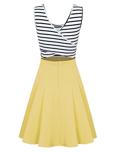 MISSKY Women's Open Back Sleeveless Sexy Hollow Out Slim Fit and Flare Black White Stripe Casual Cocktail Cute Mini Swing Dress for Summer Spring (L, Yellow)