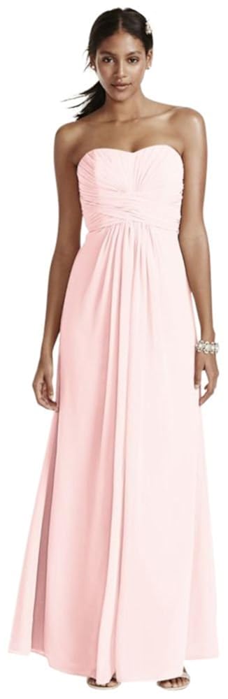 long strapless chiffon dress and pleated bodice