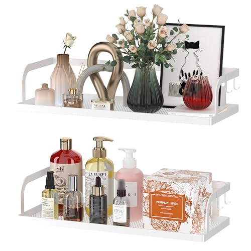 PUSDON Hanging Storage Baskets Organizer Wall Mount, Metal Wire Storage Bin Rack for Kitchen Bathroom Shower Spice Shelf Home Decor Essentials White-2 Packs(Hollowout)