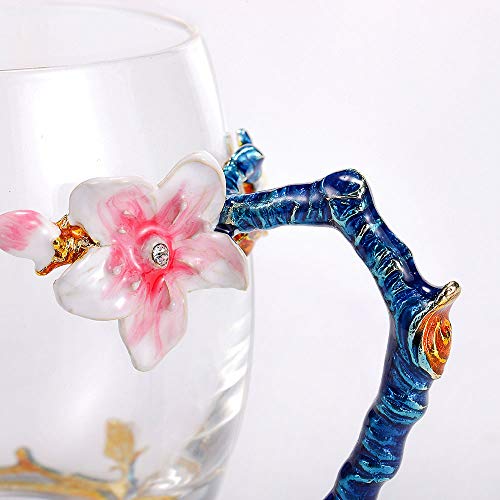 SEMAXE Handmade Glass Cup with Spoon Set and Cloisonne Handle,can be used as Teacup, Coffee Mug, Drinking Cup and Mother's Day, Christmas, Wedding Anniversary, Birthday Gifts(Apricot flower,Pink) - Thumbnail 3