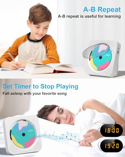 CD Player Portable with Bluetooth 5.1Desktop CD Player with HiFi Sound Speakers,Remote Control,Dust Cover,LED Display,Boombox FM Radio,USB/AUX for Home,Gift,Kids(White)