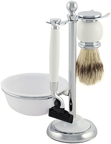 Shaving Set with Bristle Brush and Lathering Bowl in Elegant White With Polished Chrome Finish, Designed to Fit Mach 3 Blades