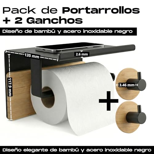 BYSER Adhesive Toilet Paper Holder with Shelf + 2 Hooks, Black Stainless Steel and Bamboo, Toilet Paper Holder Wall Without Drill, with Modern Bathroom Accessories