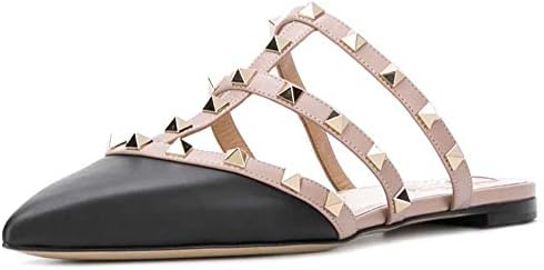 Kmeioo Mules for Women,Rivet Mule Shoes Pointed Toe Studded Strappy Flat Sandals Slip On Loafer Slides