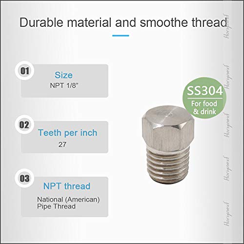 Horiznext npt 1/8 Male Threaded hex Head Pipe Plug, Stainless Steel 304,(Pack of 4)