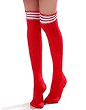 HDE Women Three Stripe Over Knee High Socks Extra Long Athletic Sport Tube Socks (Red/White)