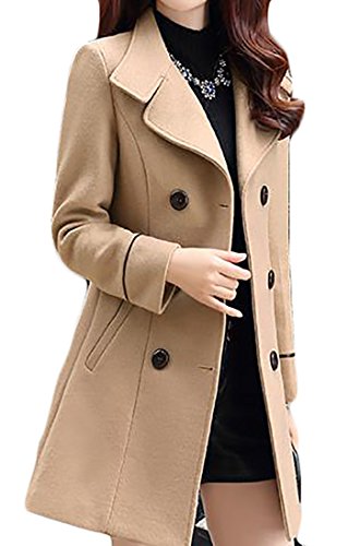 JWK Women's Double-breasted Slim Solid Wool-Blend Winter Pea Coats Khaki Medium