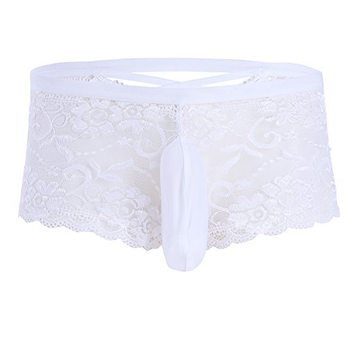 CHICTRY Men's Lace Sissy Pouch Briefs Criss-Cross Back Lingerie Crossdress Underwear White Medium(Waist:27.0-39.0"/68-100cm)