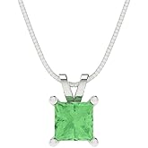 Clara Pucci 0.5 cttw Green Simulated Diamond White Gold-Plated Silver Necklace and Pendant for Women (16" Box Chain,Princess Cut,4.5mm)