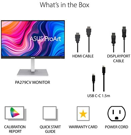 ProArt Display PA279CV monitor 4K HDR UHD de 27 polegadas (3840 x 2160), IPS, 100% sRGB/Rec. 709, ΔE < 2, hub USB USB HDMI DisplayPort USB-C, calma verificada, cuidados oculares, pivot inclinável,