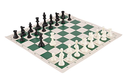 Tournament Chess Pieces and Chess Board Combo - TRIPLE WEIGHTED - Green & Buff Regulation Vinyl - by US Chess Federation
