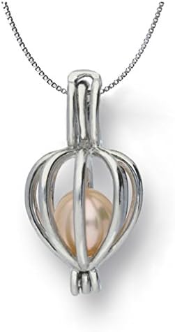 Pearlina 925 Sterling Silver Heart Necklace Cage Locket Pearl in Oyster Set, 18"