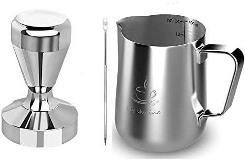 Milk Frothing Pitcher Stainless Steel Measurement Inside the frothing Cup with Latt Art Pen (14oz+58Tamper)