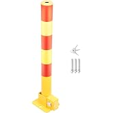 Folding Parking Post - Heavy Duty Spring-Loaded Bollard Barrier, Thickened Steel Reflective Warning Stripes (Red/Yellow) Safety Bollard Post, Driveway Security Ground Lock w/3 Keys &amp; Bolts (1)