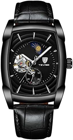 Tevise Leather Strap Watch Square Dial Automatic Mechanical Watches Moon Phase Skeleton Fashion Wristwatches