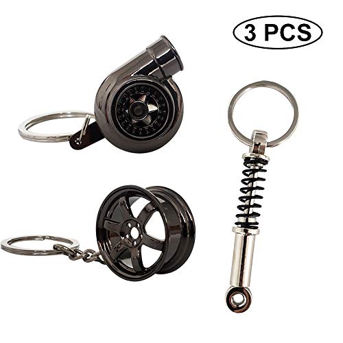 Ispeedytech 3 Auto Part Model Metal Keychain/Key Ring/Holder Set- Wheel Rim Tyre,Spinning Turbo, Spring Shock Absorber Keychain