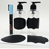 8 oz Clear Plastic Bottle with Black Lotion / Shampoo Pump (PET) 2 Pack 2 Pack with Assorted Color Chalk Pen & Chalkboard Labels