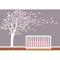 LUCKKYY Tree Blowing in The Wind Tree Wall Decals Wall Sticker Vinyl Art Kids Rooms Teen Girls Boys Wallpaper Murals Sticker Wall Stickers Nursery Decor Nursery Decals (White +Pink)