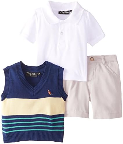 Ok Kids! Baby Boys' Cory 3 Piece Polo Twill Short and Vest Set, Navy, 18 Months