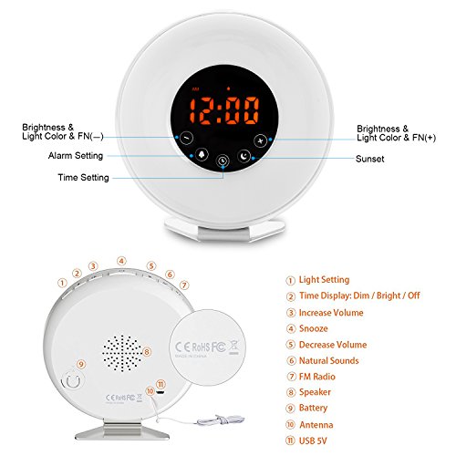 Wake Up Light Alarm Clock by Smarlance,Digital Sunrise Simulation Alarm Clock -【2018 Upgraded】-with 6 Alarm Sounds,FM Radio,7 Color Lights,Sunrise&Sunset Simulation and USB Charger