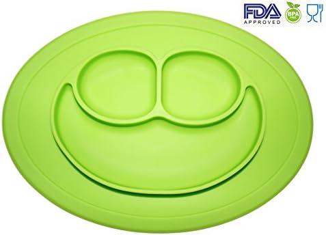 Silicone Baby Placemat Smiley Face Round Non Slip With Built in Plate Bowl Tray Best for Children Kids Toddlers (Light Green)