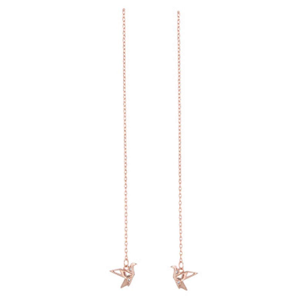 Origami Paper Crane Dangle Drop Earrings Sterling Silver Good Luck Cute Tassel Threader Long Chain Ear Line Stud Earring Minimalist Jewelry Gifts Hypoallergenic for Women Girls (Rose Gold)