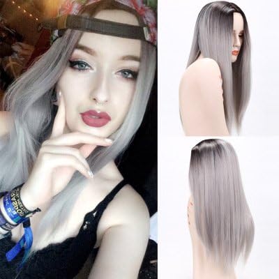 Huaxijian Hot Sale Glamour Long Straight feminine Wigs Kinky Black Gray omble Natural Hairline Modern Ms. Wig 26inch Chemical Fiber Synthetic Replacement Full Dark Root Mix Color Madam Wig On Sale