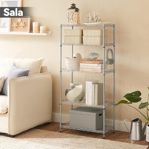 【Expandible】Estante de Almacenamiento de Metal de 5 Niveles(55x30x150CM), Estante Organizador Resistente, Rack Organizador Ajustable, Anaquel, 4 S-Ganchos, Cocina, Oficina, Despensa, Microondas(Plata)