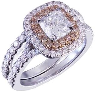 14k White and Rose Gold Cushion Cut Forever One Moissanite and Round Cut Diamond and Pink Sapphire Engagement Ring and Band Double Halo Bridal Wedding Set 1.65ct Available sizes 4-12