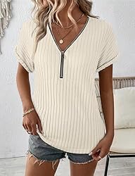 Koscacy V Neck Blouses Women's 1/4 Zip T-Shirts