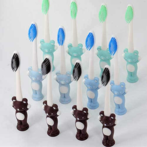 Yabber Kids Toothbrush Set [1 Year KIT - 12 PACK (1 Per Month)] - [Teddy Bear Series] Brown (4), Blue (4), Aqua (4) - with Suction Cup - Soft Plastic - PBT Bristles [Boys]