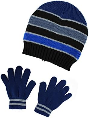 Polar Wear Kids Boys Striped Knit Winter Beanie Peruvian Hat with Ear Cuffs and Gloves Set Navy Blue One Size