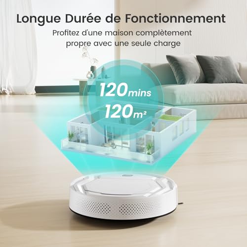 M210 Aspirateur Robot, Robot Aspirateur Autonomie Mince Silencieux, Connecté avec WiFi/Alexa/App, 3 Modes d'aspirations, Programmable, Idéal pour Les Poils d'animaux Tapis Sols Durs, Blanc
