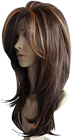 Wig with Highlights | QACCF Long Straight Layered Mixed Color Fashion Bob Women Wig